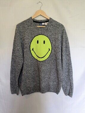 H&M x Smiley Big Smiley Salt and Pepper Wool Blend Crewneck Sweater Unisex Large